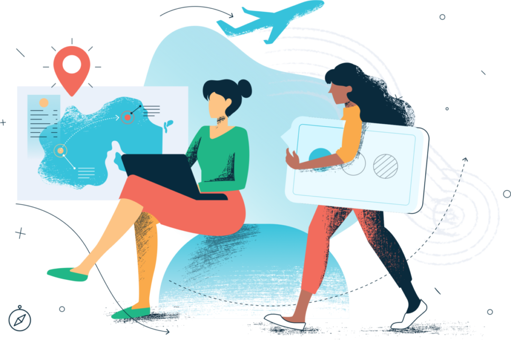 Illustration of people using laptops and mobile devices for global app deployment